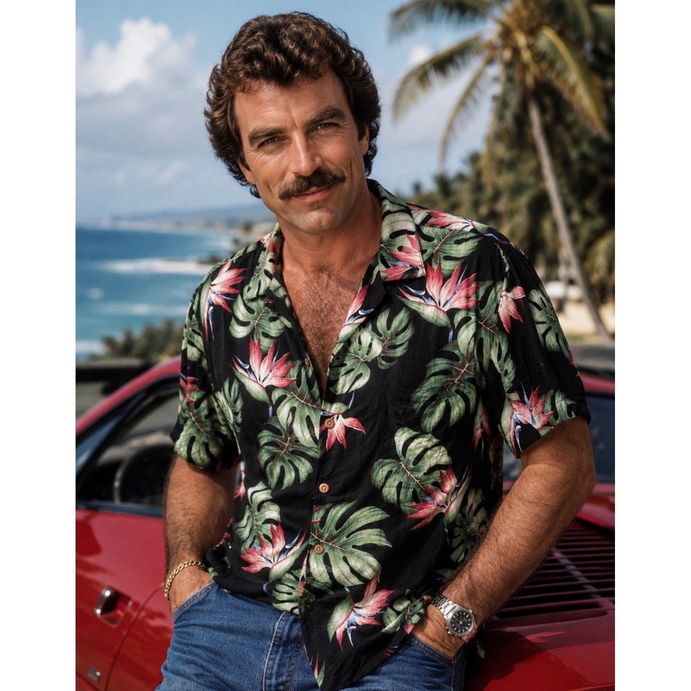 Paradise Found Mens Jungle Bird Hawaiian Shirt XL Black Magnum PI Made in Hawaii